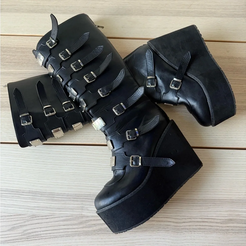 Swing strap knee boots Chic Black Multi-Buckle Platform women mid calf size 9